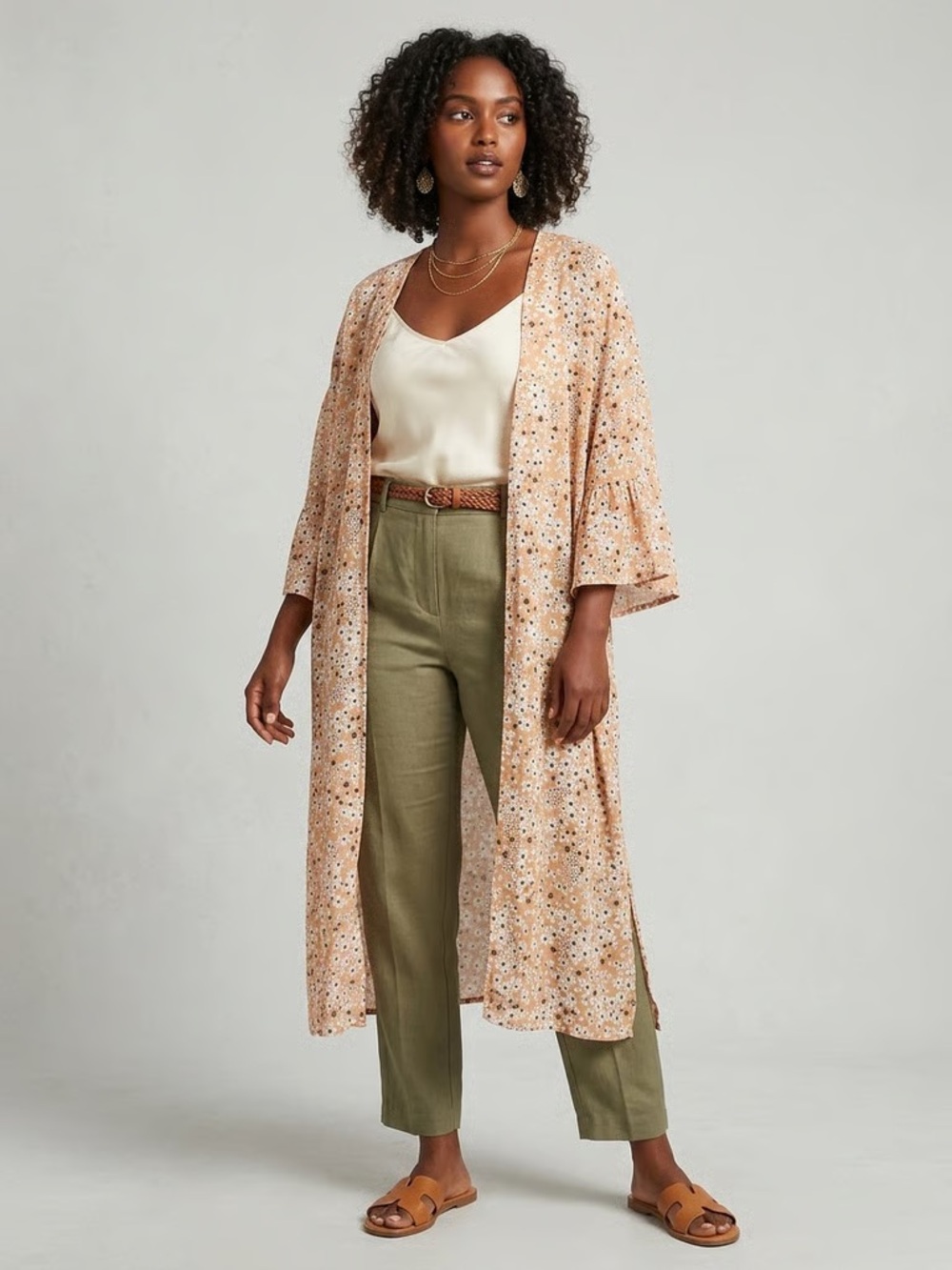 WILD FABLE | Cream and Tan Floral Kimono Duster Sz OSFM